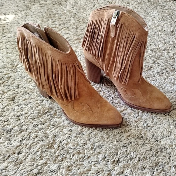 SAM EDELMAN Brown Western Design Fringed Padded Benjie Pointed Toe booties sz7,5 - Picture 2 of 9